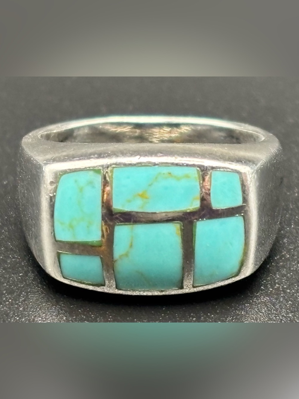 Vintage Sensa Eustace Zuni Geometric Inlaid Turquoise Ring 7.42g Size 8